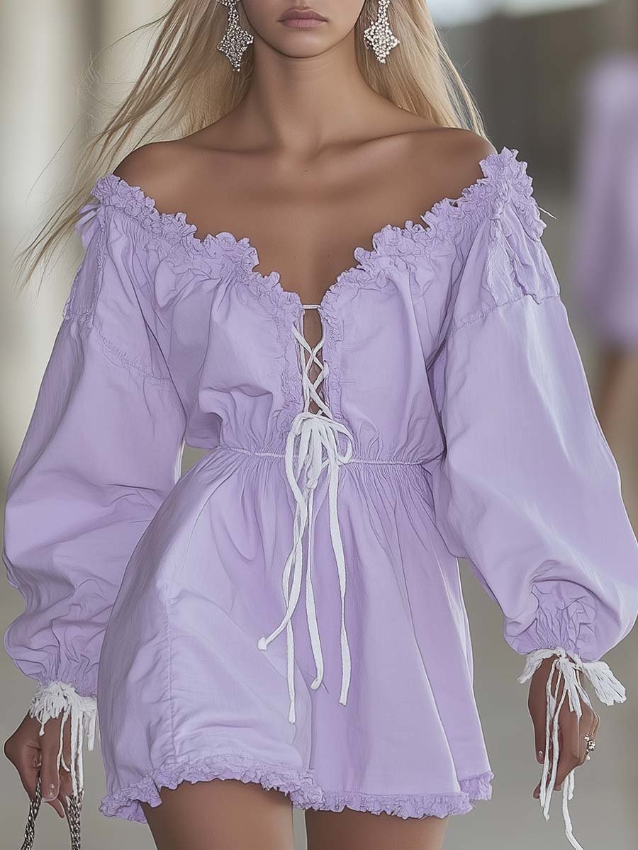 Fresh and Fashionable Off-shoulder Chest Tie Lavender Mini Dress