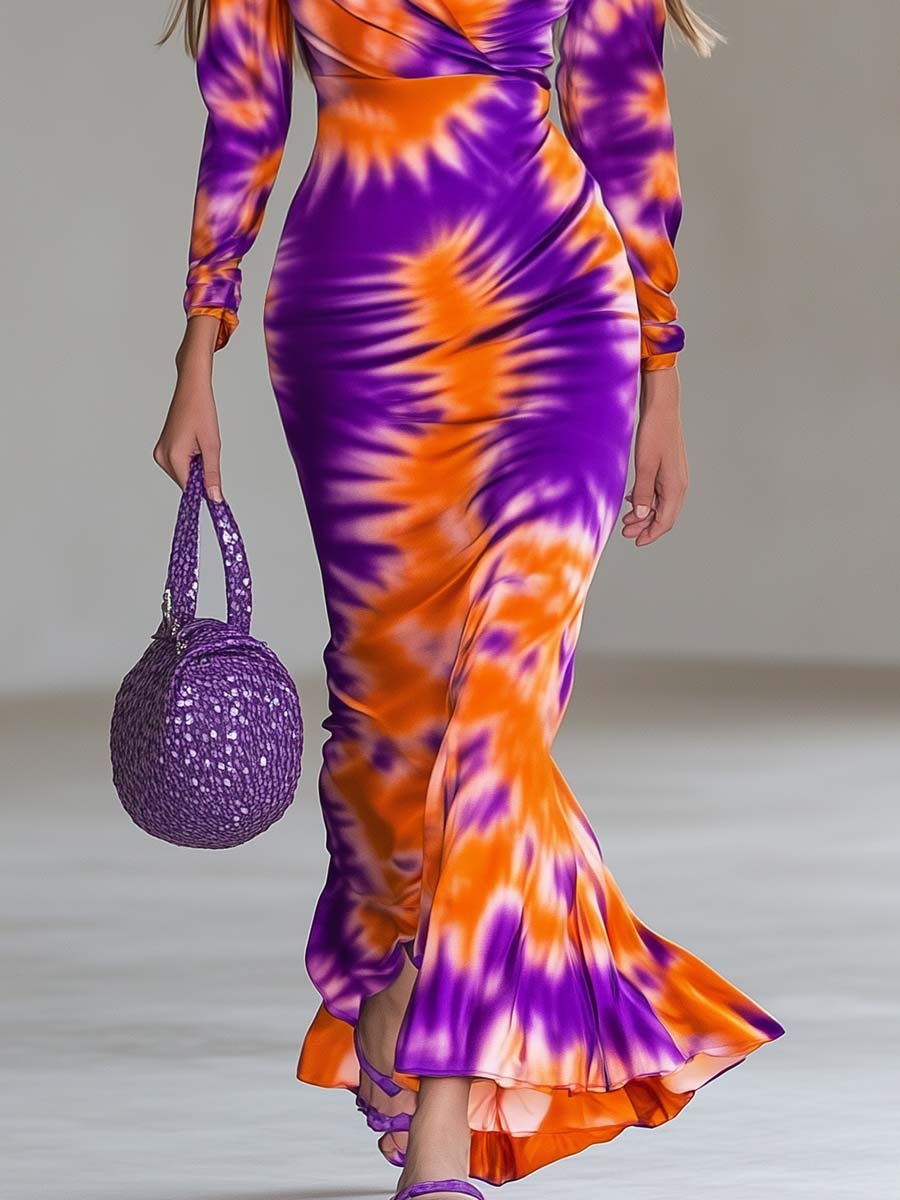 Elegant and Vibrant Orange and Purple Printed V-neck Slim Fishtail Maxi Dress