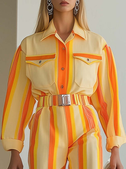 Vibrant and Fashionable Shirt Collar Orange Striped Yellow Short Jumpsuit