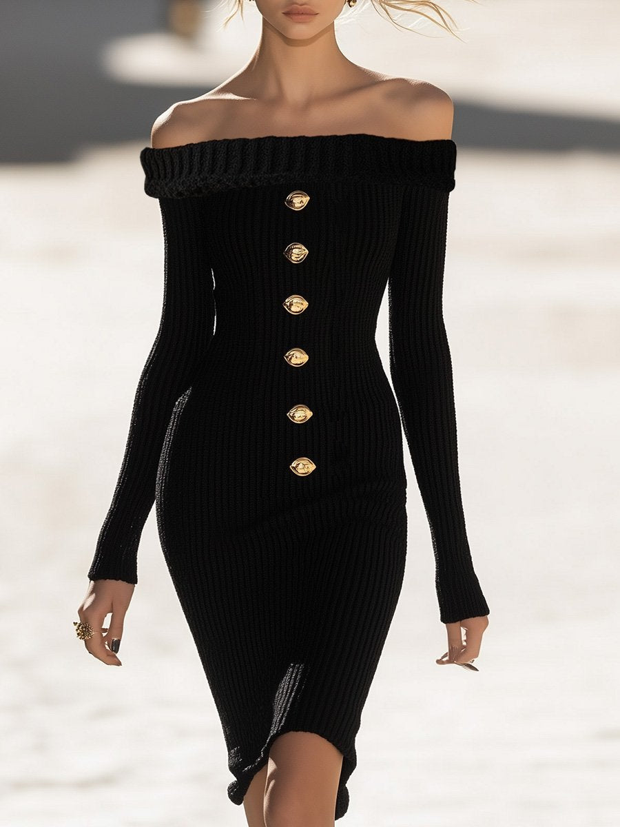 Elegant Party Off-the-shoulder Neckline Turned-up Decorative Buckle Black Knitted Midi Dress