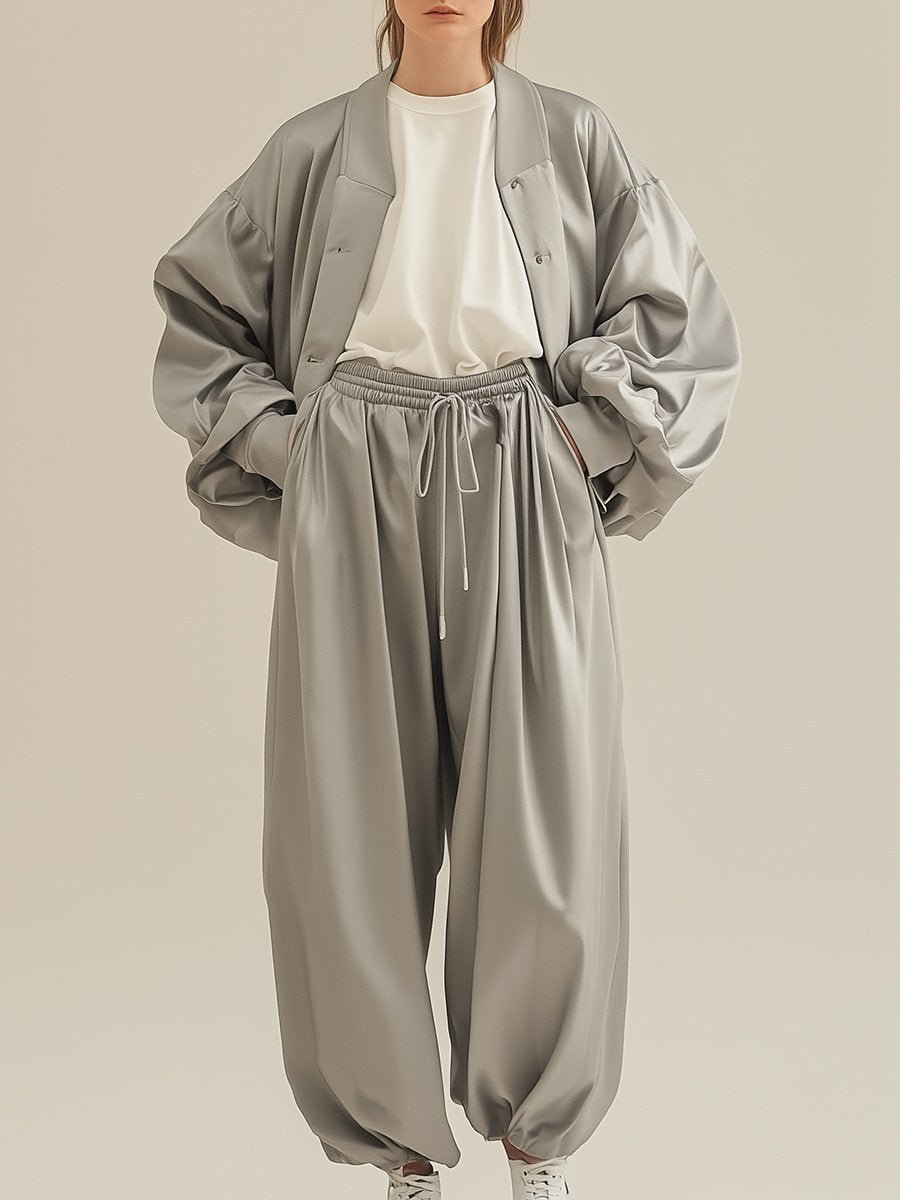 Elegant and Stylish Loose Gray Satin Puff Sleeve Casual Set