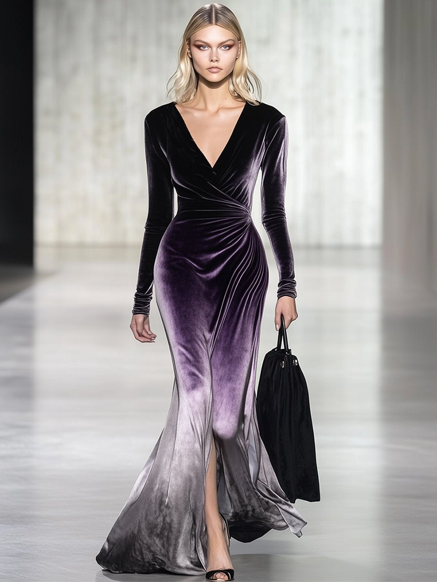 Elegant V-Neck Velvet Gradient Long-Sleeved Maxi Dress