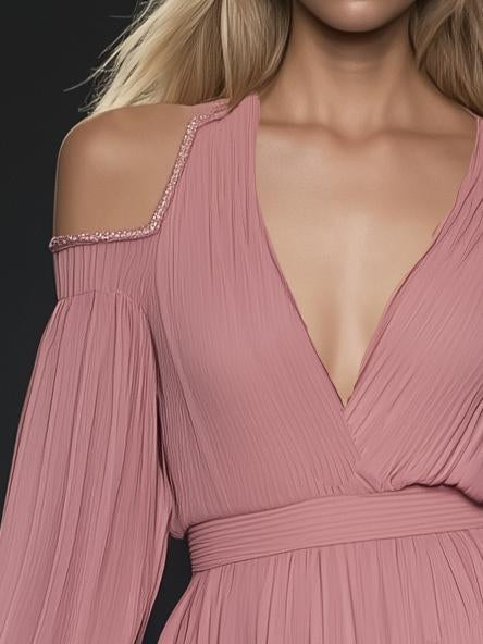 Flowy Rose Pink Chiffon V-Neck Off-The-Shoulder Long-Sleeved Mini Dress