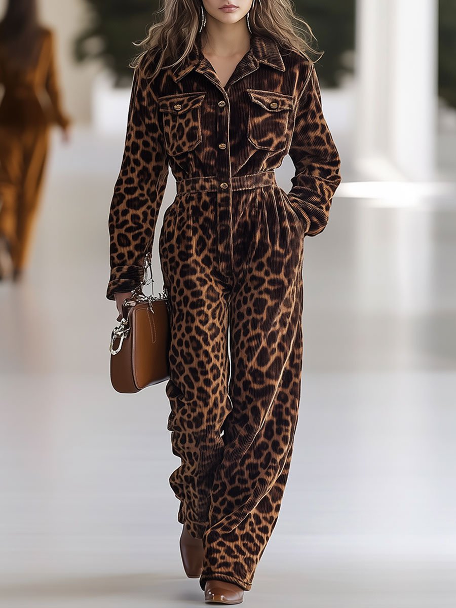 Casual Loose Retro Corduroy Leopard Print Multi-Pocket Long Sleeve Jumpsuit