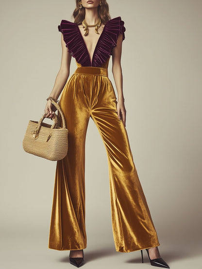 Casual Fashion Vacation V-neck Purple Ruffle Gold Velvet Sleeveless Jumpsuit