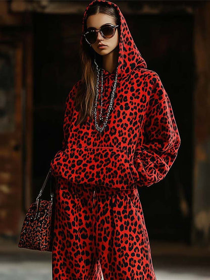 Fashion Retro Personality Hooded Leopard Print Sweatshirt and Pants Two-piece Set