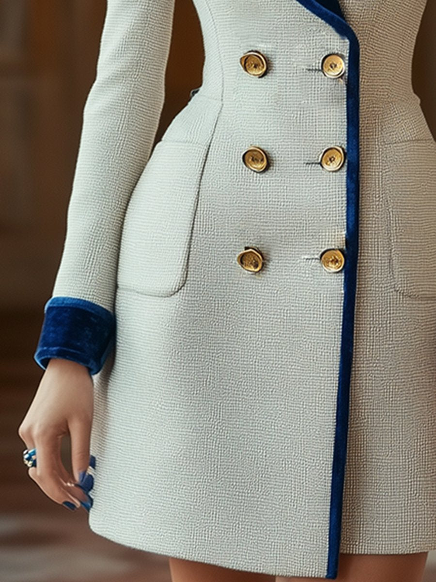 High-End Temperament Fashionable And Elegant Blue And White Contrast Lapel Tweed Dress