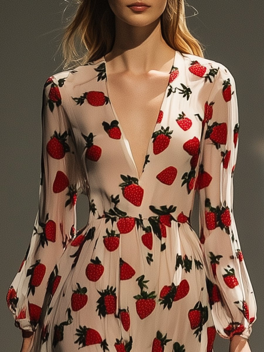 Romantic Strawberry Printed Chiffon V-neck Long Sleeve Midi Dress