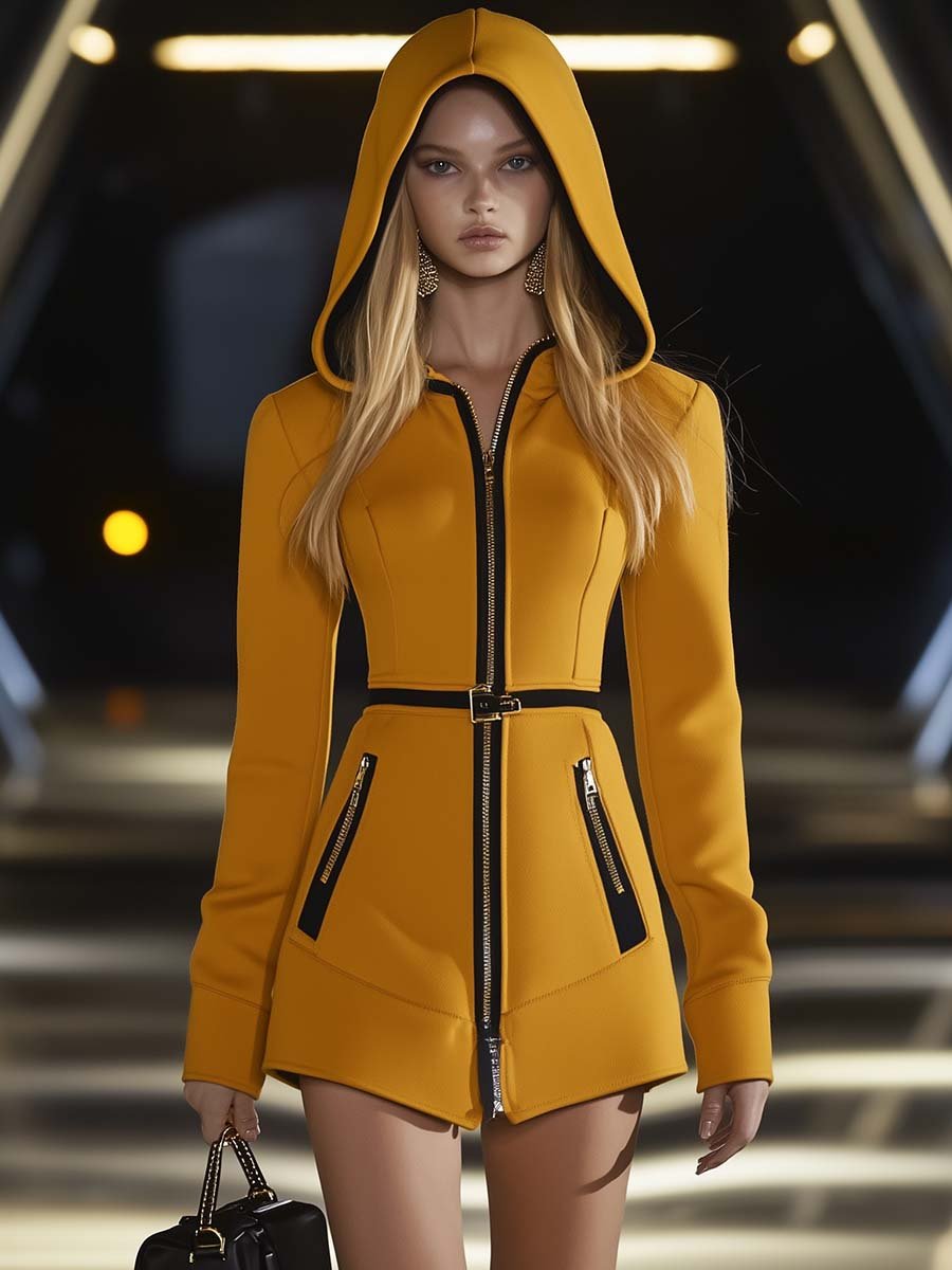 Fashionable Hooded Collar Zipper Coat Style Yellow Mini Dress