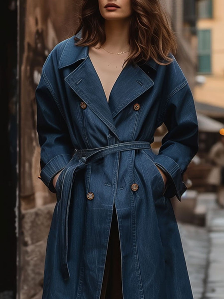 Casual Loose Retro Double Breasted Pocket Belt Denim Trench Coat