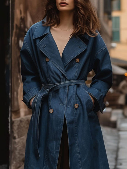 Casual Loose Retro Double Breasted Pocket Belt Denim Trench Coat