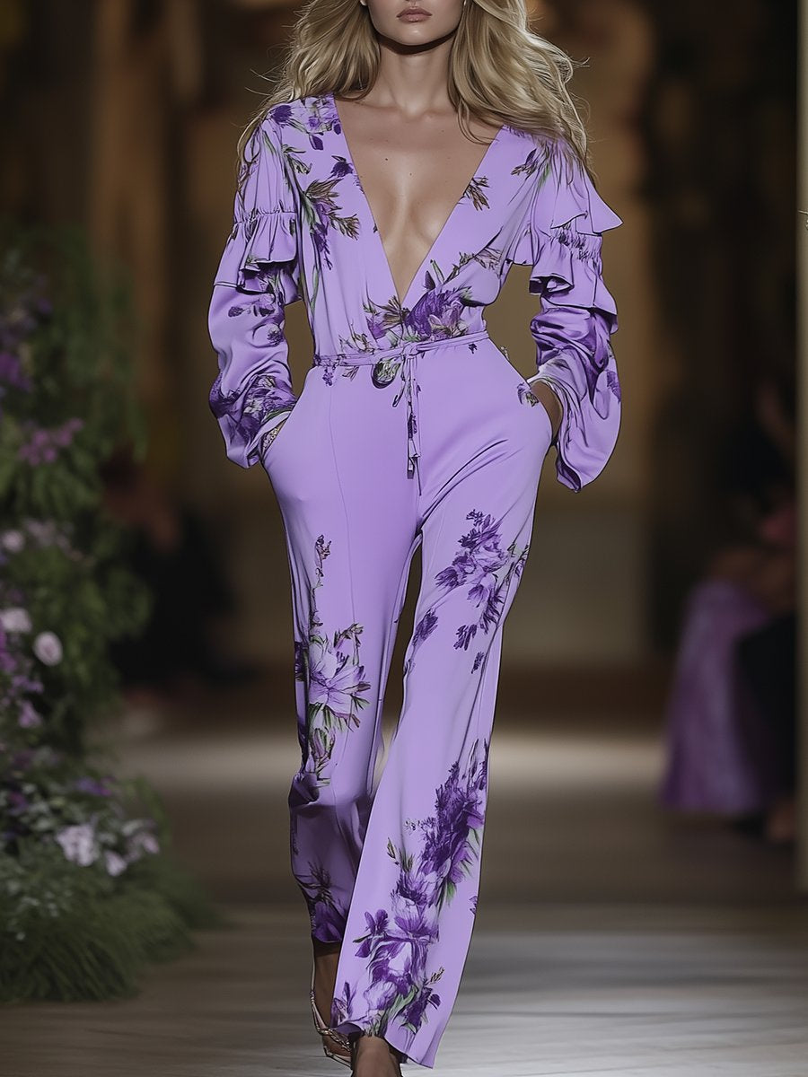 Elegant and Fashionable Purple V-neck Print Wide-leg Long-sleeved Jumpsuit