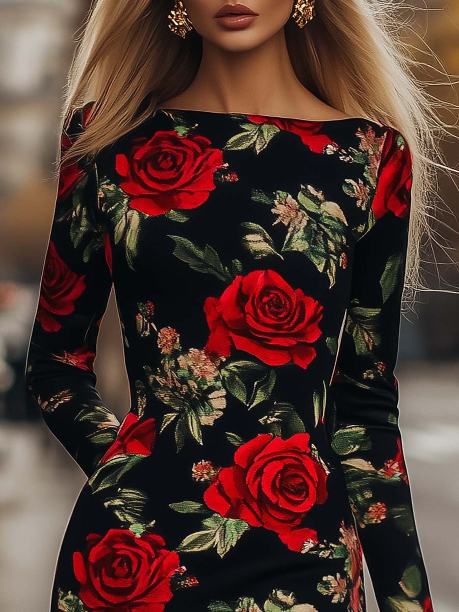 Elegant and Bright Straight Collar Rose Print Mini Dress