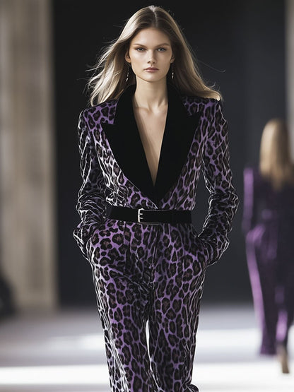 Casual Loose Retro Purple Leopard Print Lapel Lace Velvet Jumpsuit