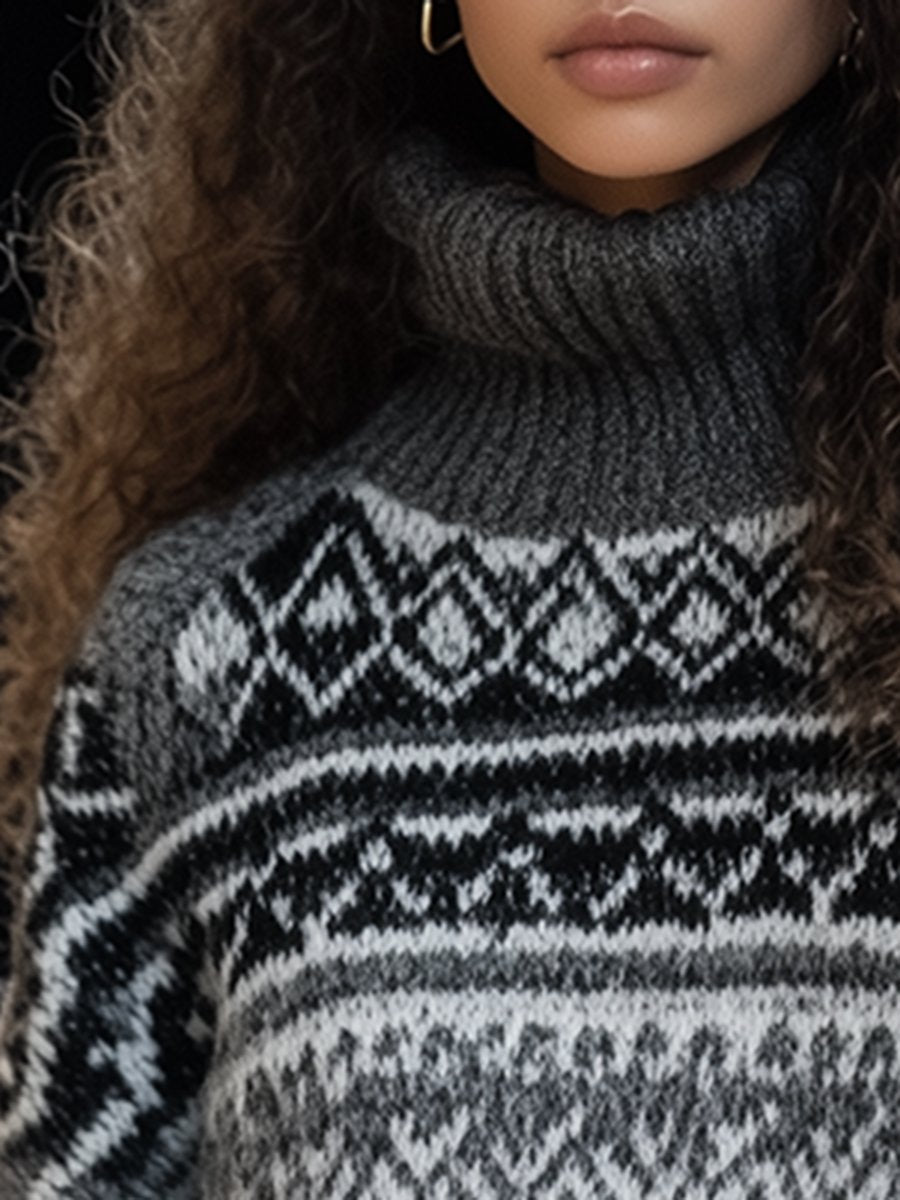 Vintage Fair Isle Black and White Grey Striped Contrast Casual Turtleneck Sweater