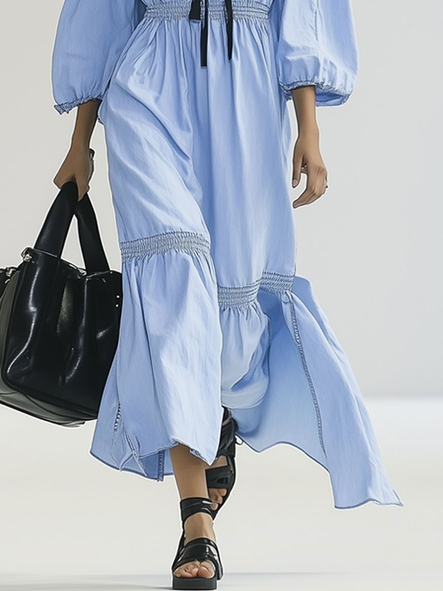 Loose Retro Fashion Off-the-shoulder Lace-up Blue Denim Elastic Waist Midi Dress