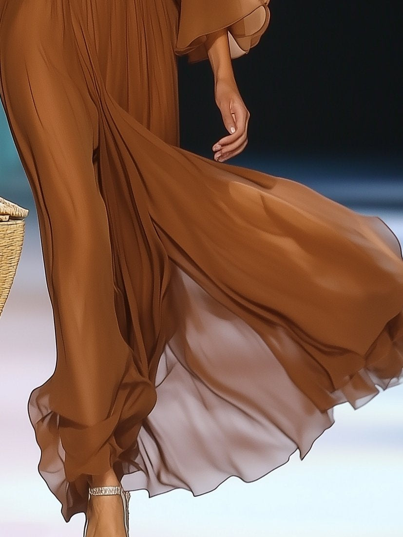 Elegant Ruffled One-Shoulder Chiffon Brown Long-Sleeved Maxi Dress