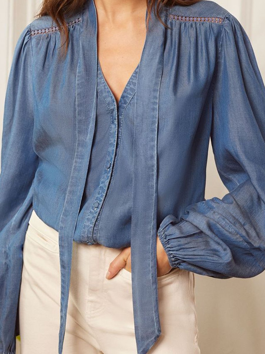 Fashionable And Casual Loose Denim Ribbon Shirt