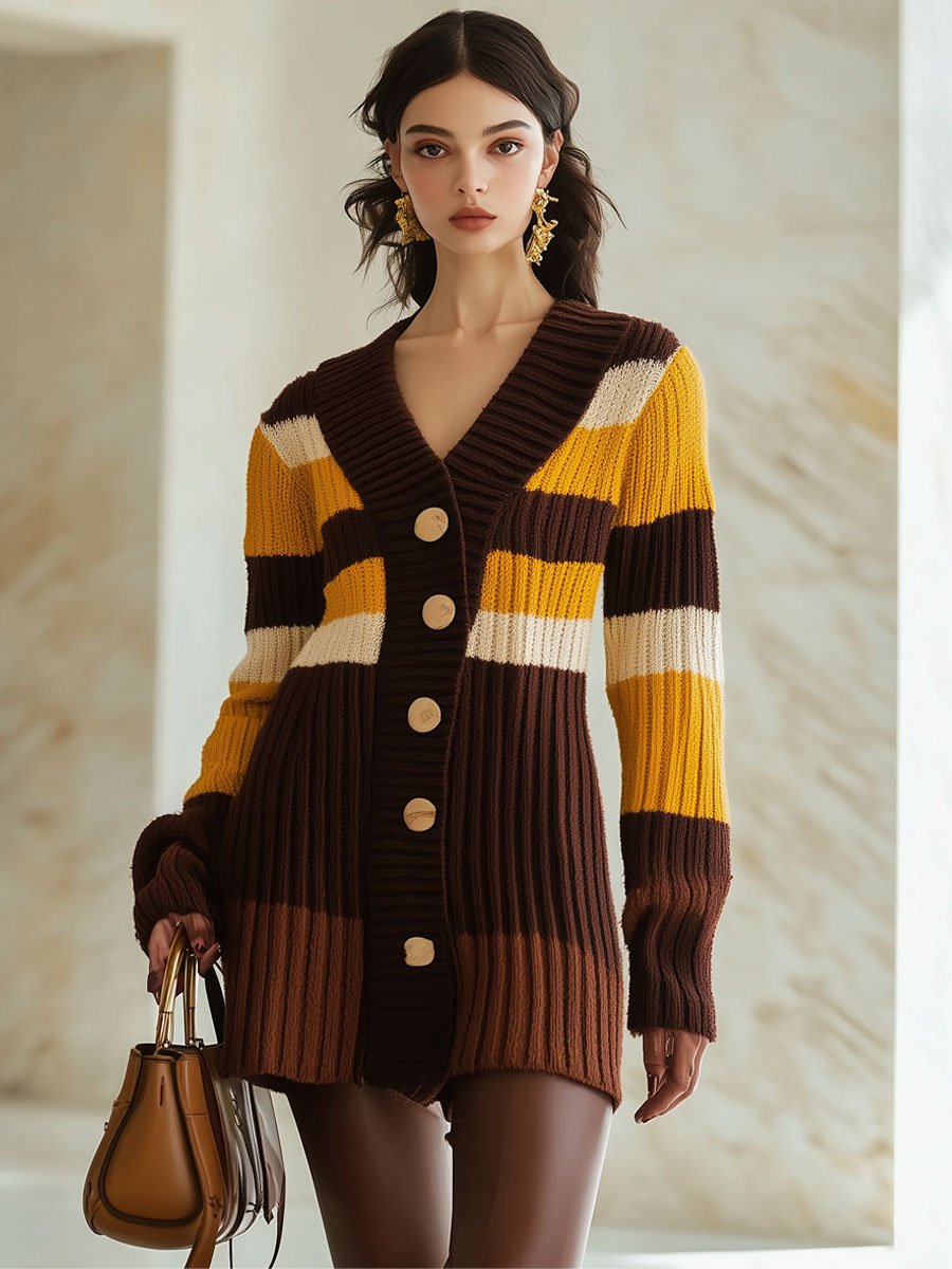 Casual Loose Retro Color Striped Knitted Dress Cardigan