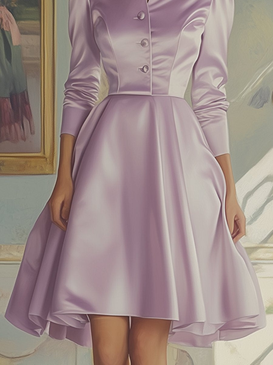 Elegant Satin Gown Long Sleeve Midi Dress