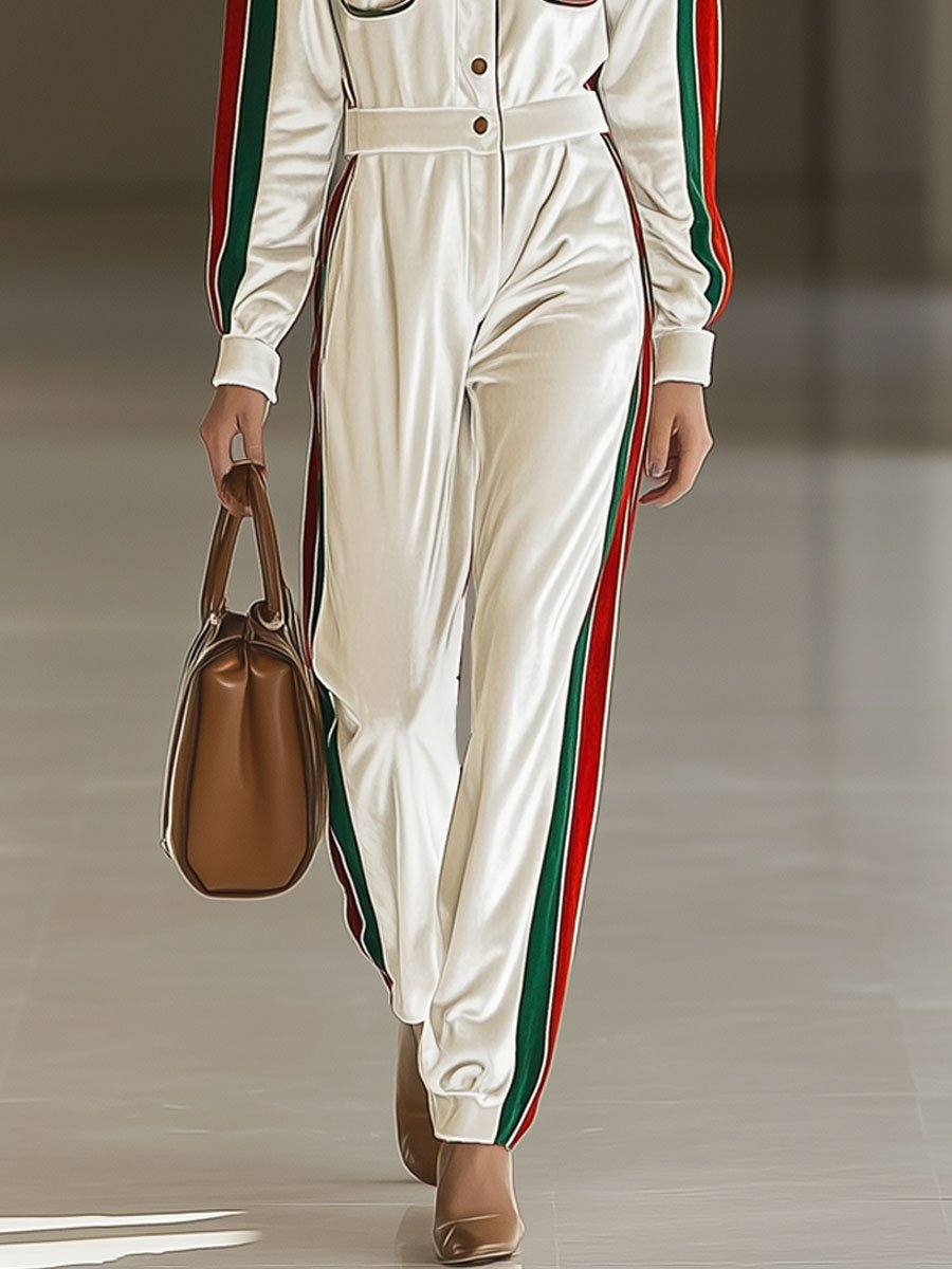 Casual Loose Retro Velvet Red And Green Striped Multi-Pocket Long-Sleeved Jumpsuit