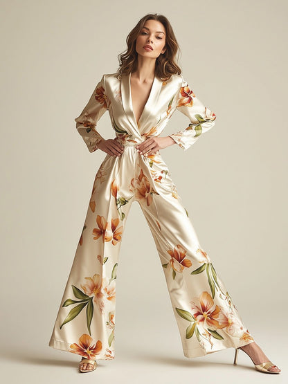 Elegant and Fashionable Lapel Beige Satin Print Long-sleeved Jumpsuit