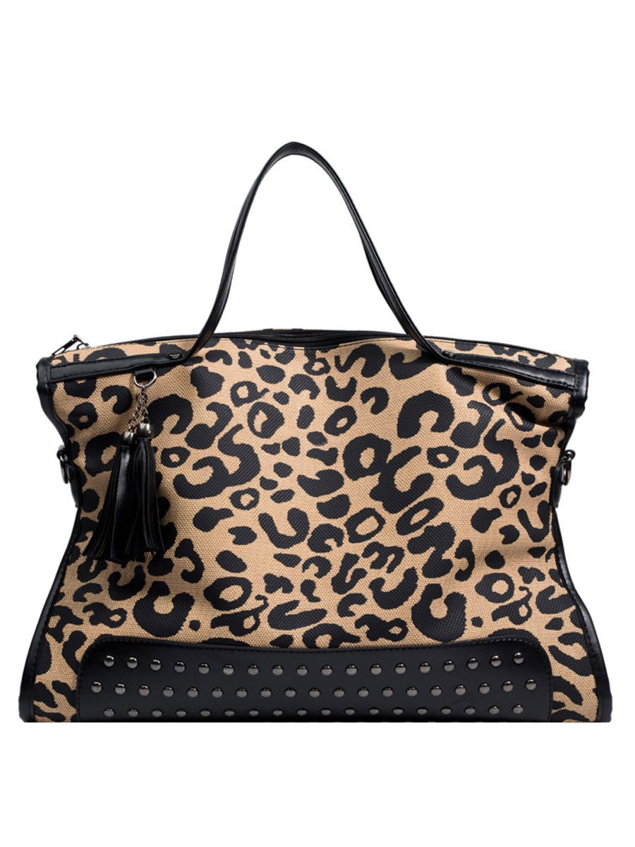 Leopard Print Casual Large Capacity Fashionable Rivet Shoulder Bag