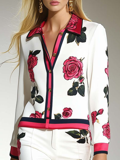 Fashionable Personality Hot Pink Contrast Edge Rose Print White Shirt