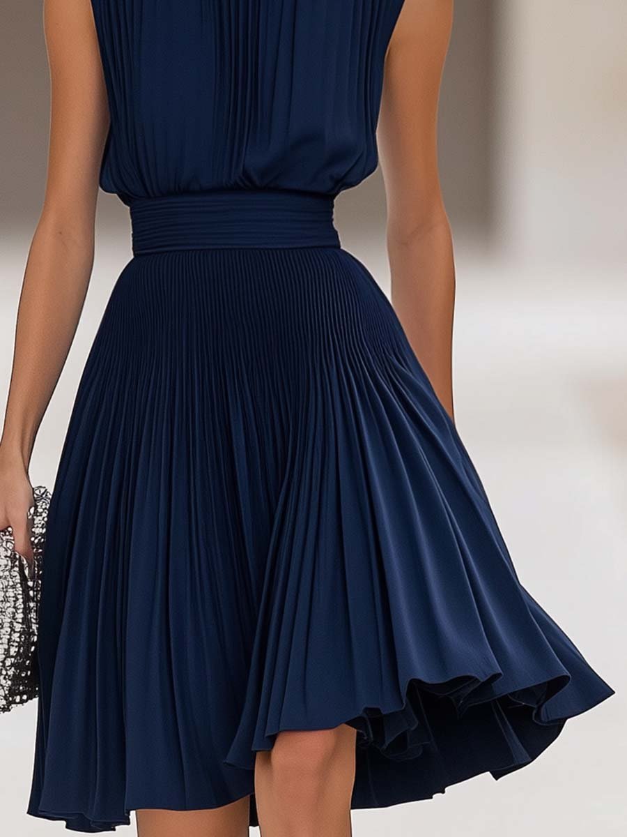 Elegant Half Turtleneck Sleeveless Pleated Navy Blue Midi Dress