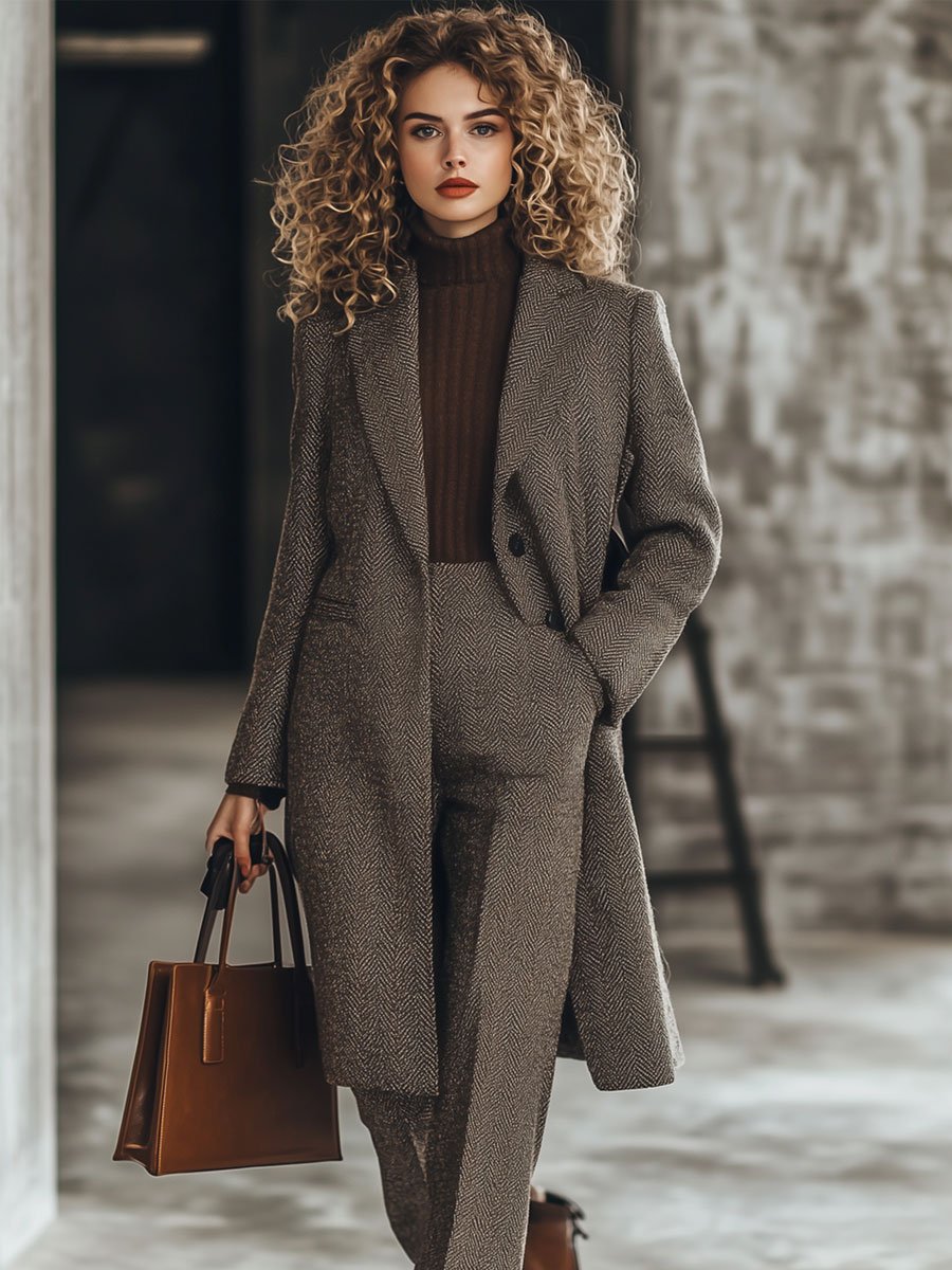 Casual Loose Lapel Simple Herringbone Wool Pocket Coat