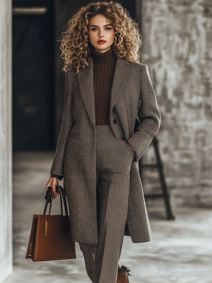 Casual Loose Lapel Simple Herringbone Wool Pocket Coat