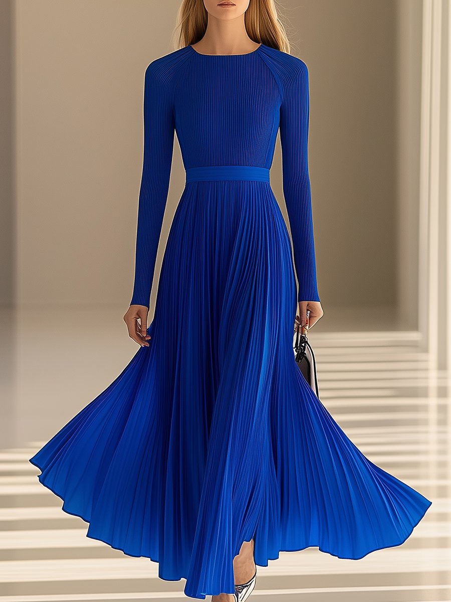 Elegant and Fashionable Round-neck Blue Pleated Long-sleeved Maxi Dress