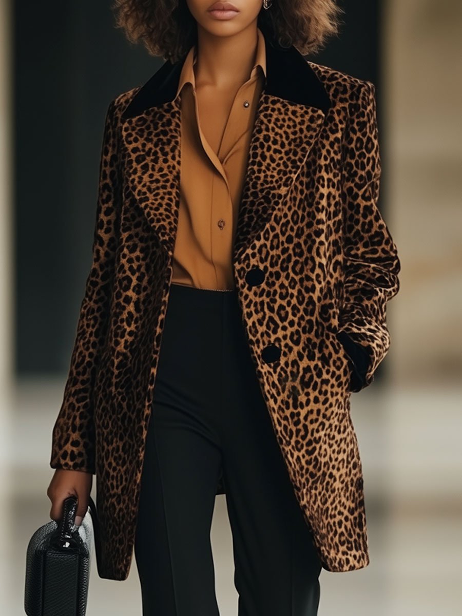 Casual Loose Retro Velvet Leopard Print Lapel Color-Blocked Mid-Length Coat