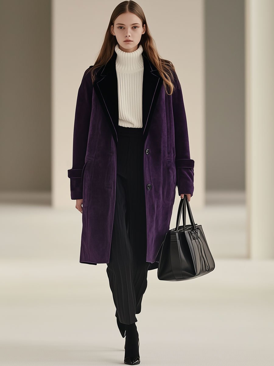 Casual Loose Retro Purple Suede Mid-Length Pocket Coat