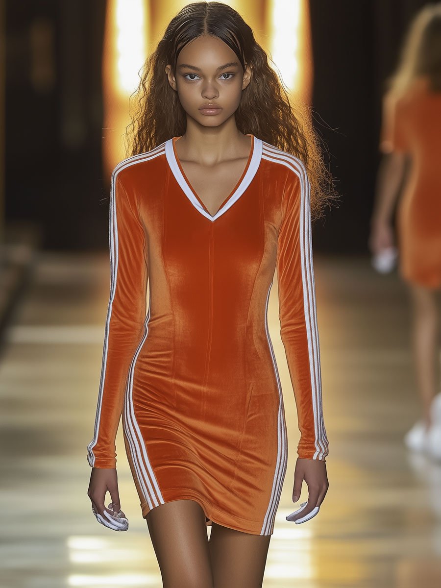 Casual Sports White Striped Orange Velvet V-Neck Long Sleeve Mini Dress