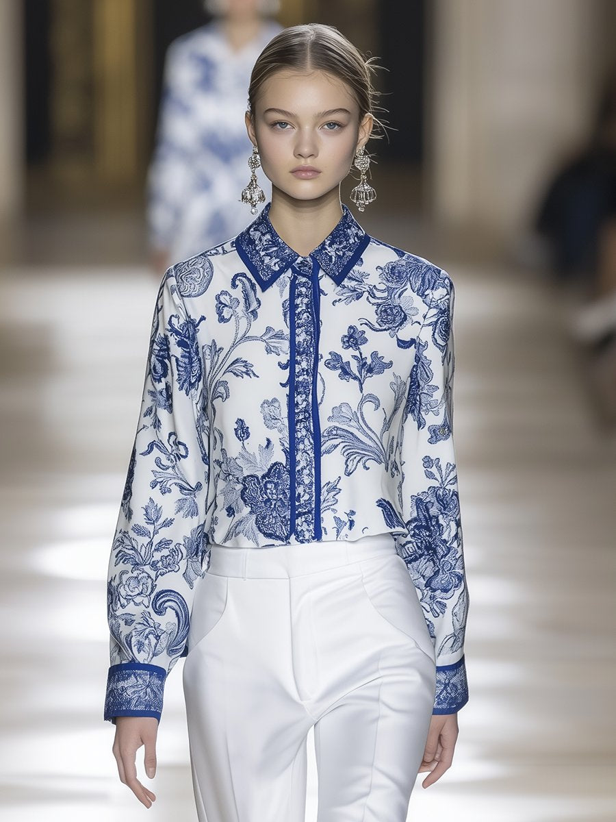 Elegant Blue and White Porcelain Print Satin Long-sleeved Shirt