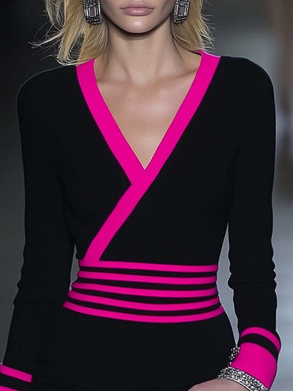 Fashion V-neck Hot Pink Striped Contrast Color Mini Dress