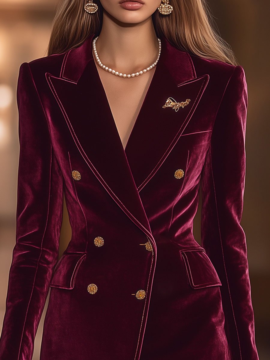 Casual Loose Vintage Burgundy Velvet Double Breasted Pocket Suit Mini Dress