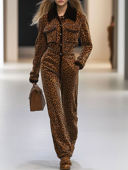 Casual Loose Retro Velvet Leopard Print Patchwork Long-Sleeved Jumpsuit