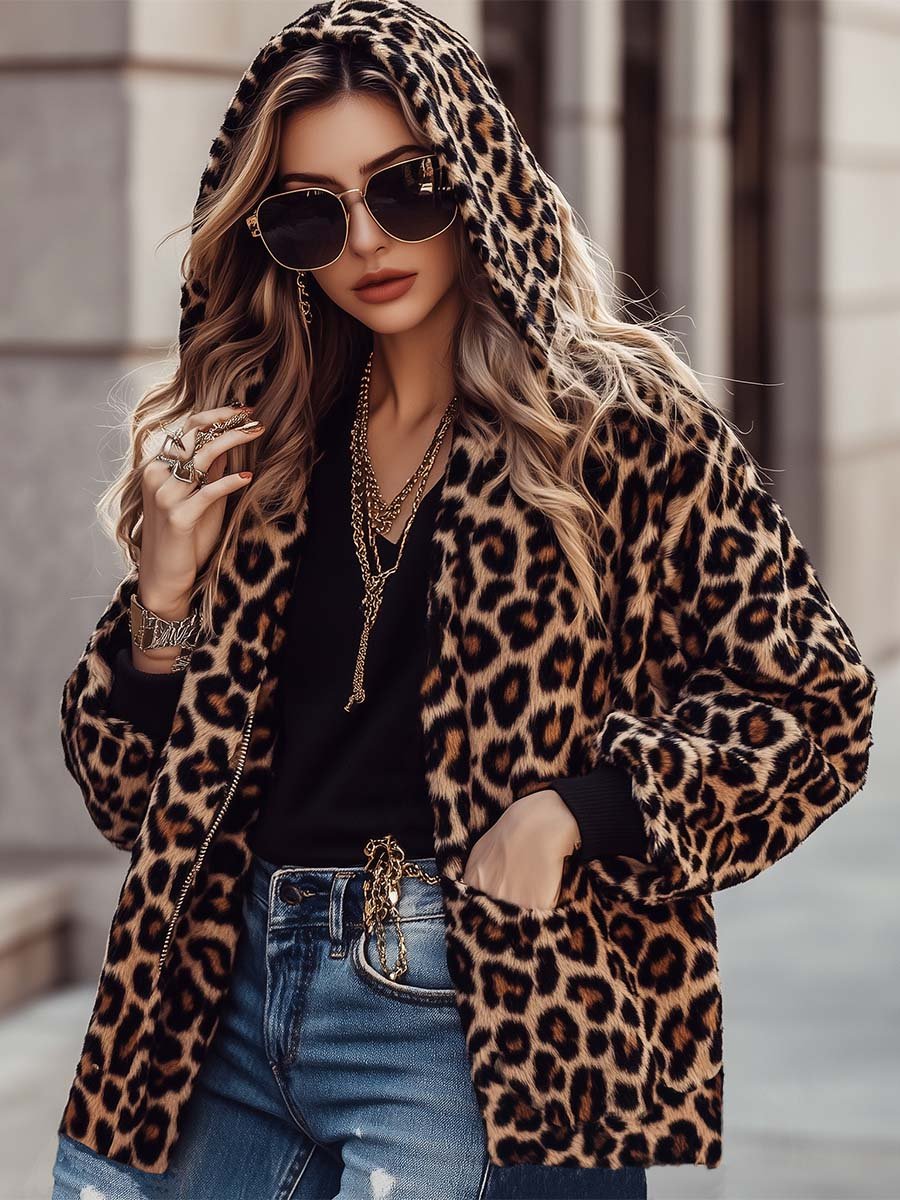 Fashion Vintage Hooded Zipper Faux Turf Leopard Print Jacket