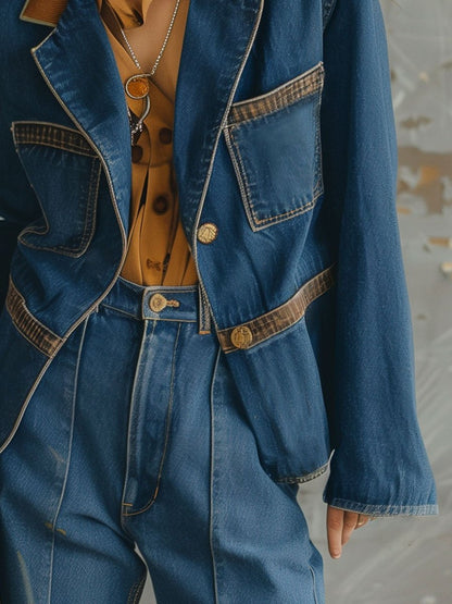 Casual Loose Retro Denim Corduroy Patchwork Pocket Blazer