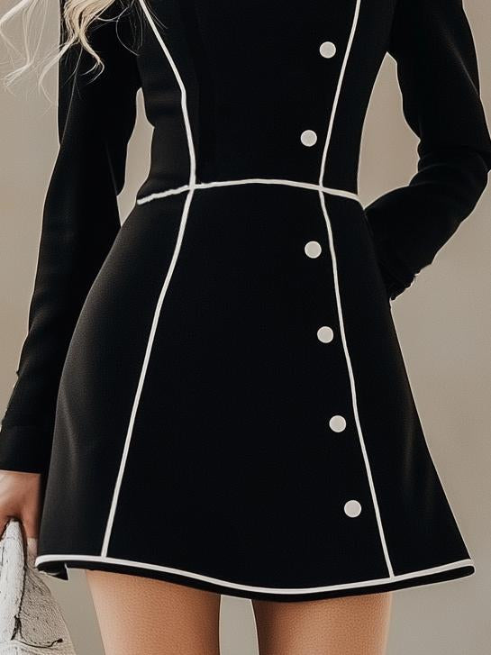 Classic Elegant High Hem Black Long Sleeve Mini Dress