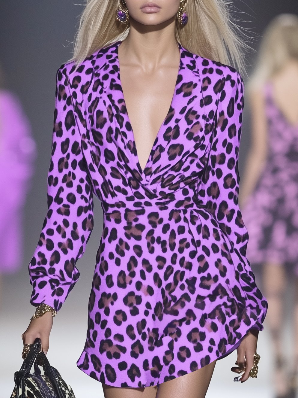 Trendy Purple Leopard Print V-Neck Long Sleeve Mini Dress