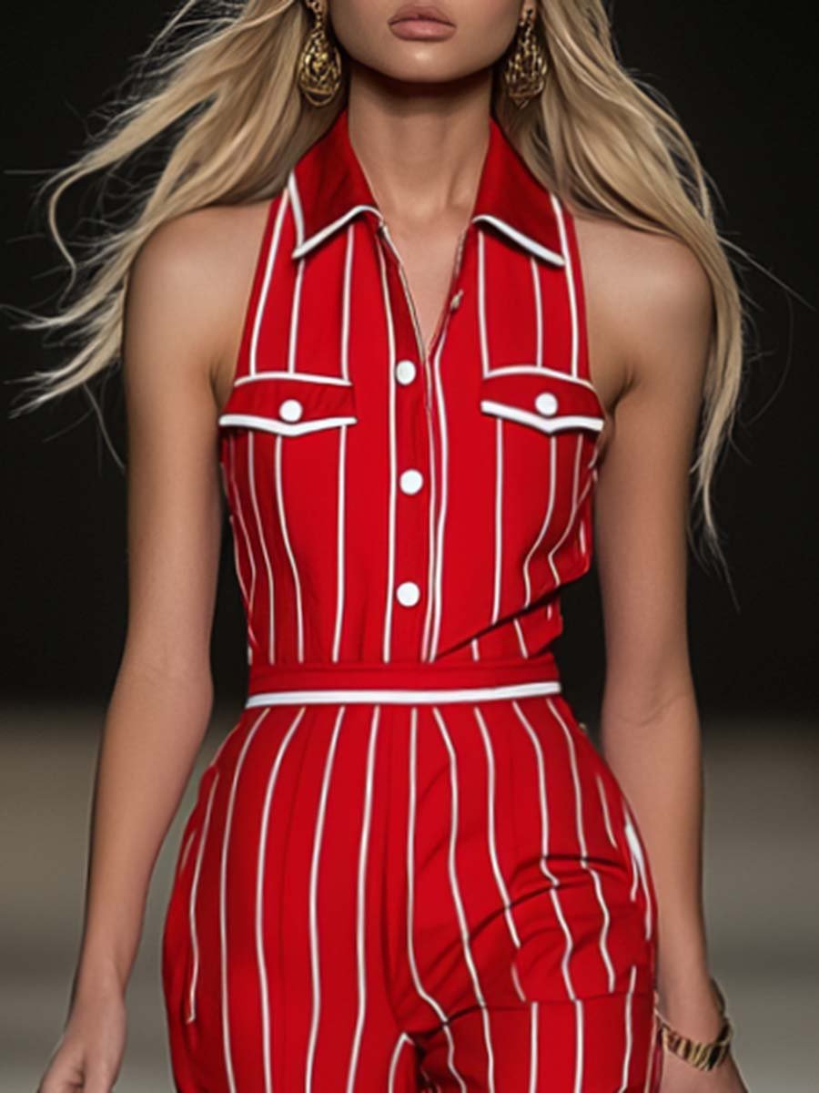 Elegant and Stylish Sleeveless Striped Red Jumpsuit