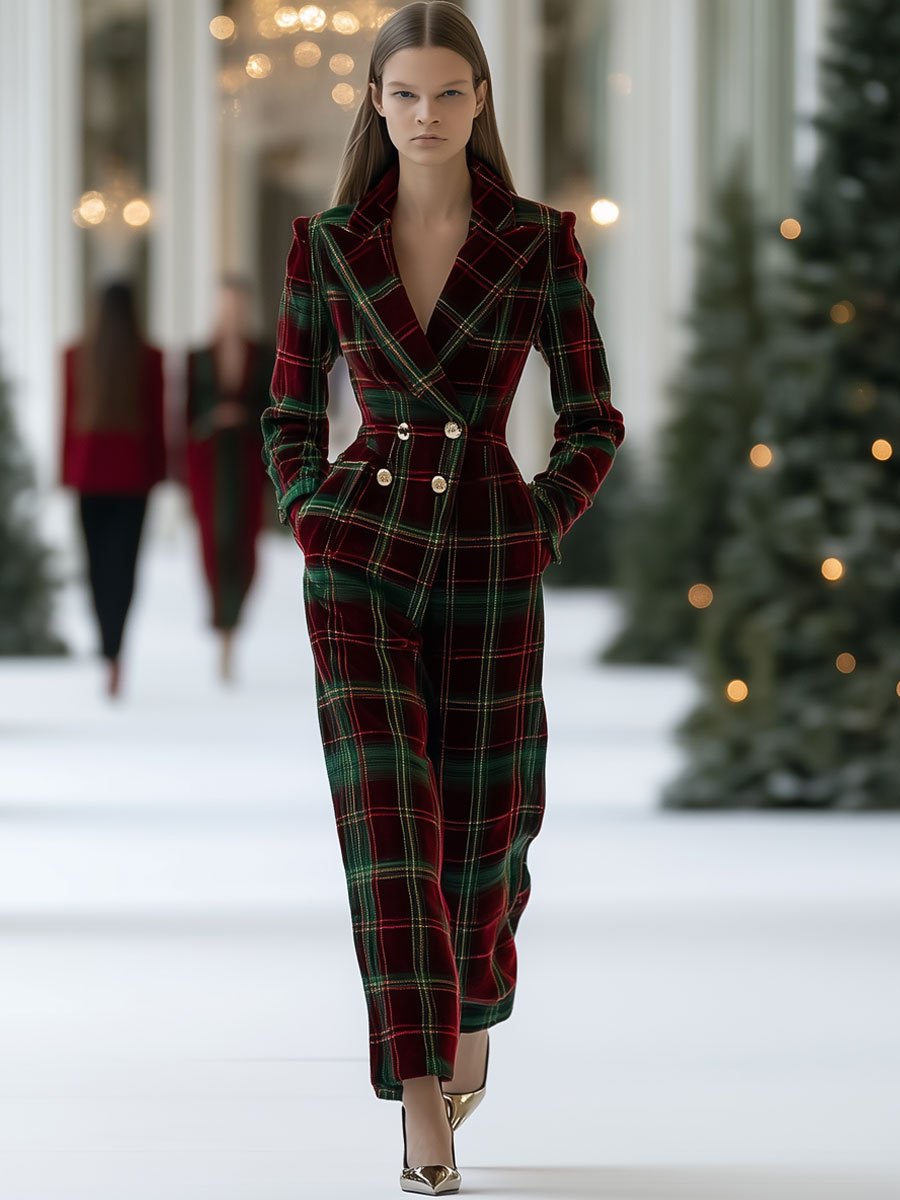 Casual Loose Retro Red And Green Plaid Suit Pants Set