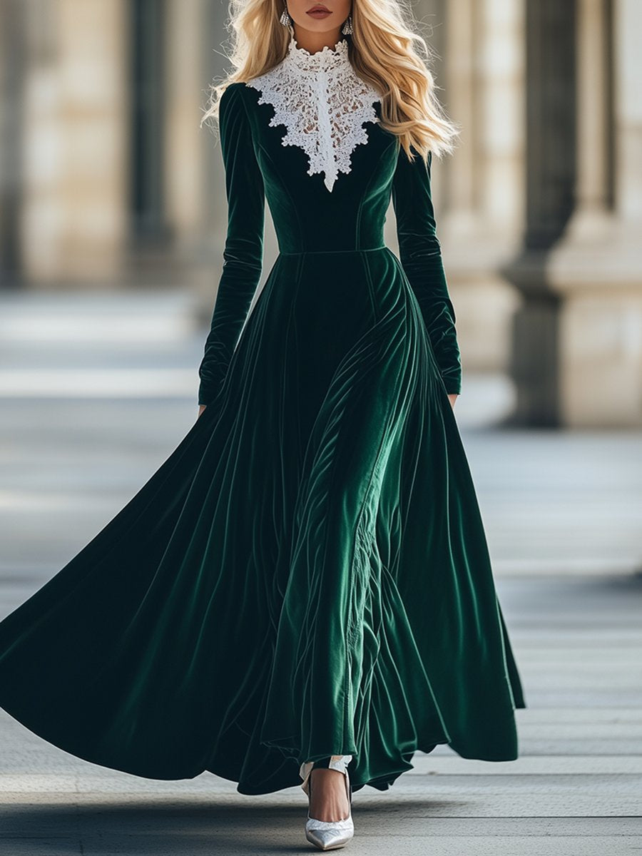 High-End Fashion Splicing Lace Green Velvet Maxi Dress