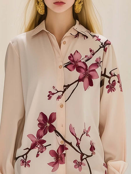 Elegant and Fresh Plum Blossom Print Pink Loose Shirt-style Mini Dress