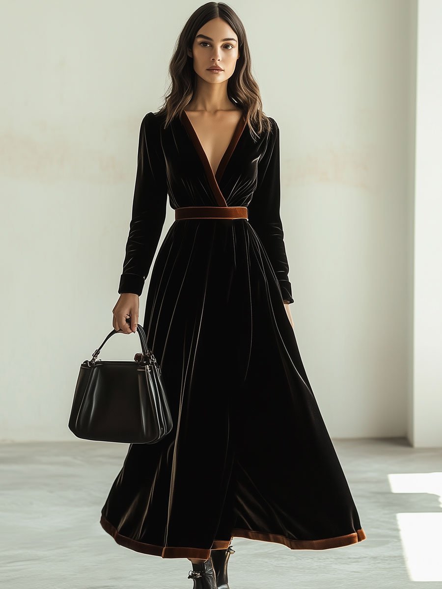 V-Neck Vintage Velvet Colorblock Long-Sleeved Maxi Dress