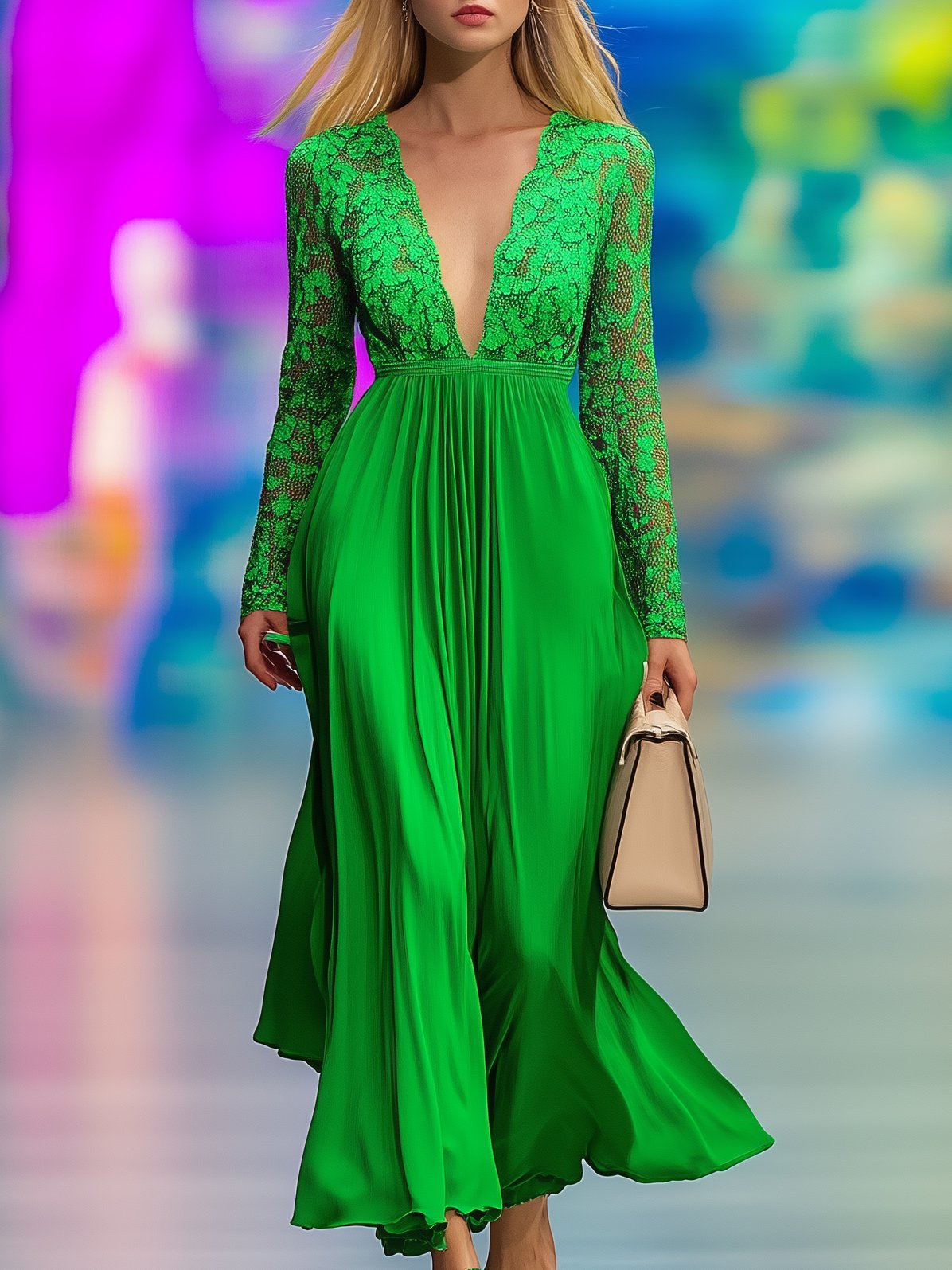 Temperament Lace Stitching Green Long-Sleeved Maxi Dress