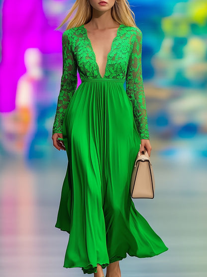 Temperament Lace Stitching Green Long-Sleeved Maxi Dress